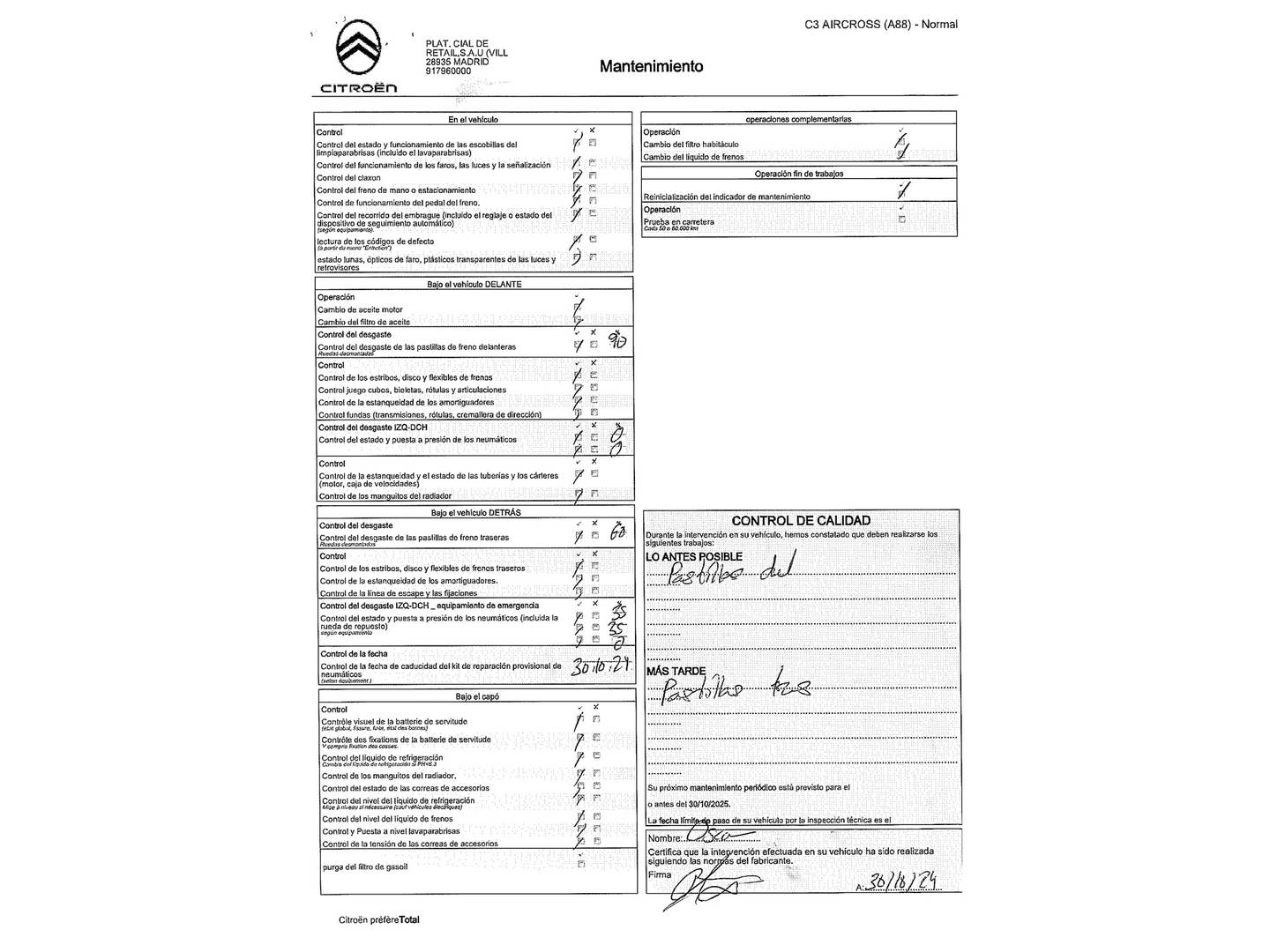 Foto del mantenimiento del Citroën C3 Aircross Citroën C3 Aircross BlueHDi 100 S&S Feel (102 CV)