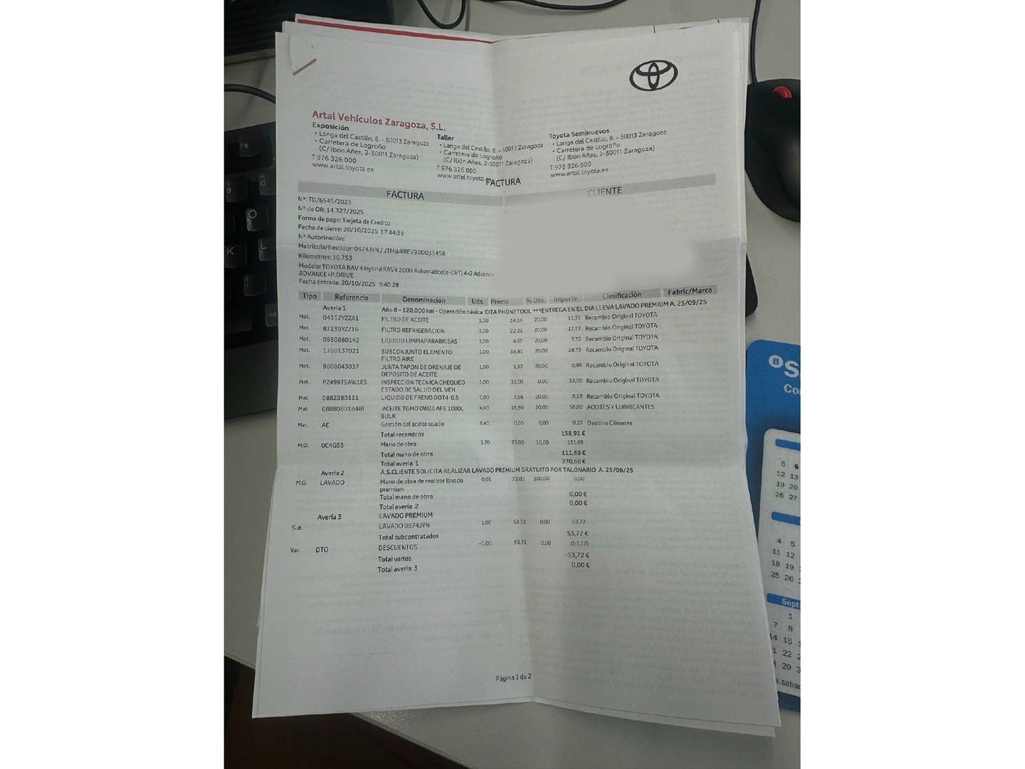 Foto del mantenimiento del Toyota Rav4 Toyota Rav4 2.5l hybrid Advance 4WD  (197 CV)