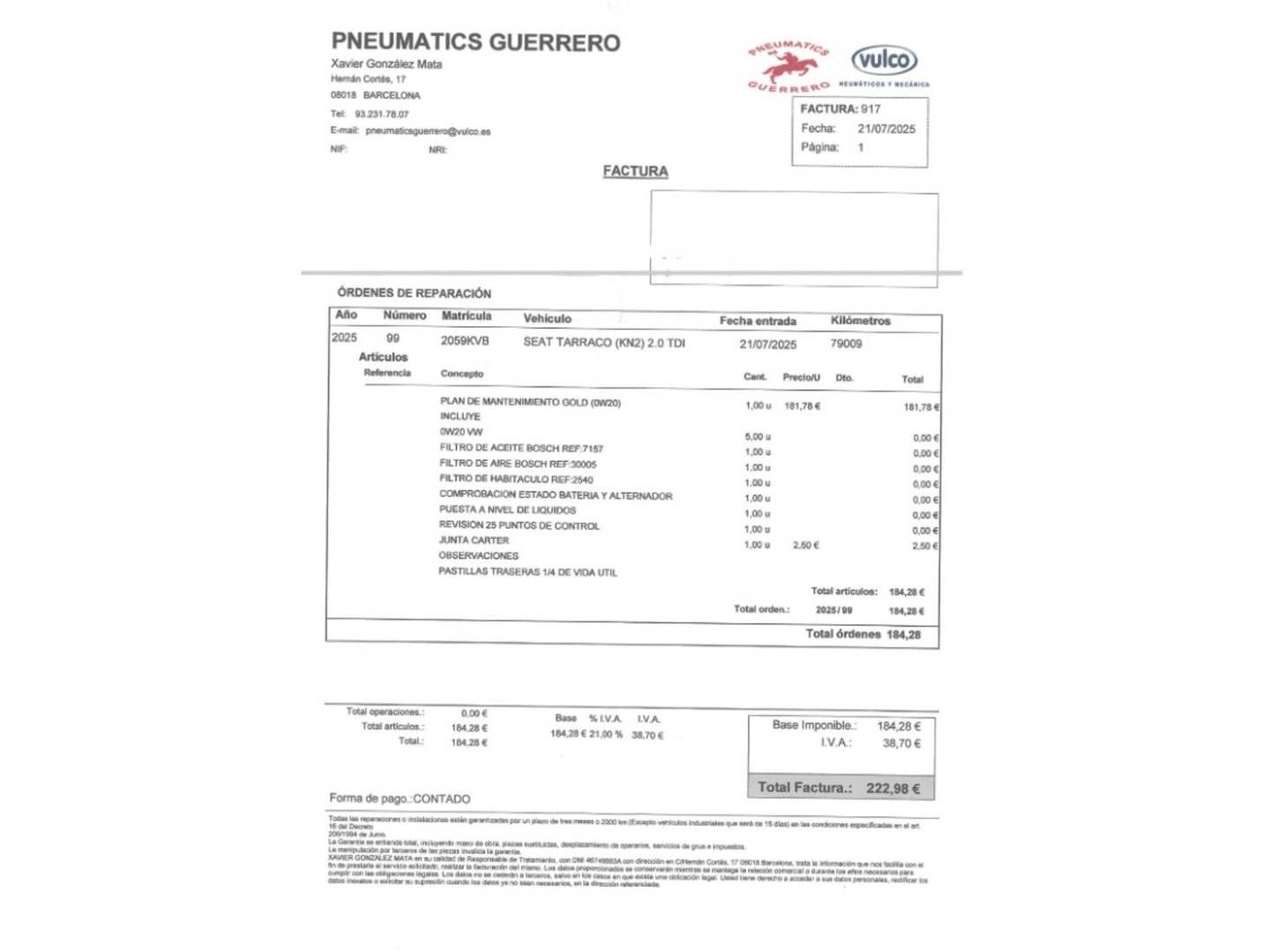 Foto del mantenimiento del Seat Tarraco Seat Tarraco 2.0 TDI S&S Xcellence Plus 4Drive DSG (190 CV) 7 Plazas