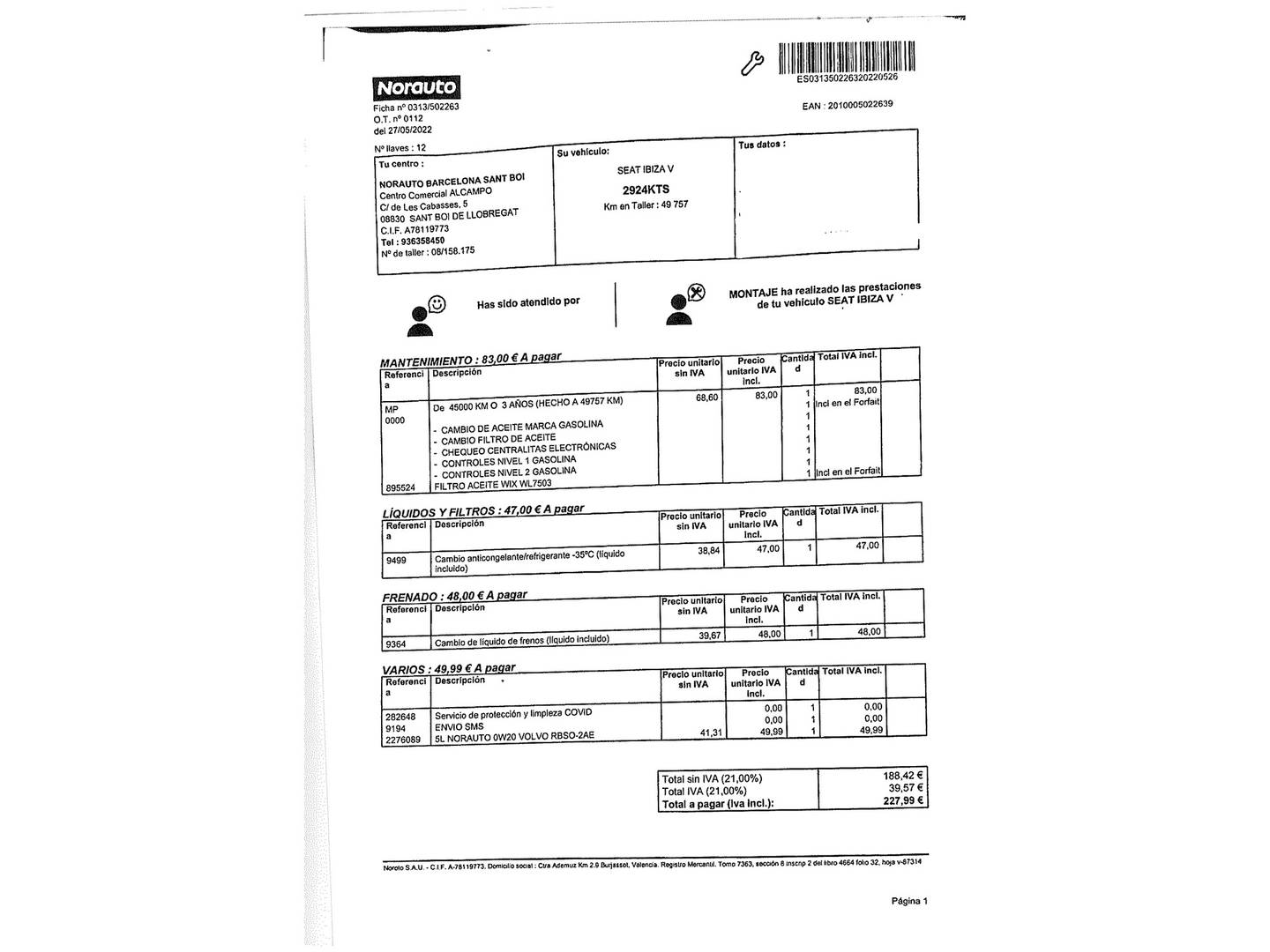 Foto del mantenimiento del Seat Ibiza Seat Ibiza 1.0 MPI Style Plus (80 CV)