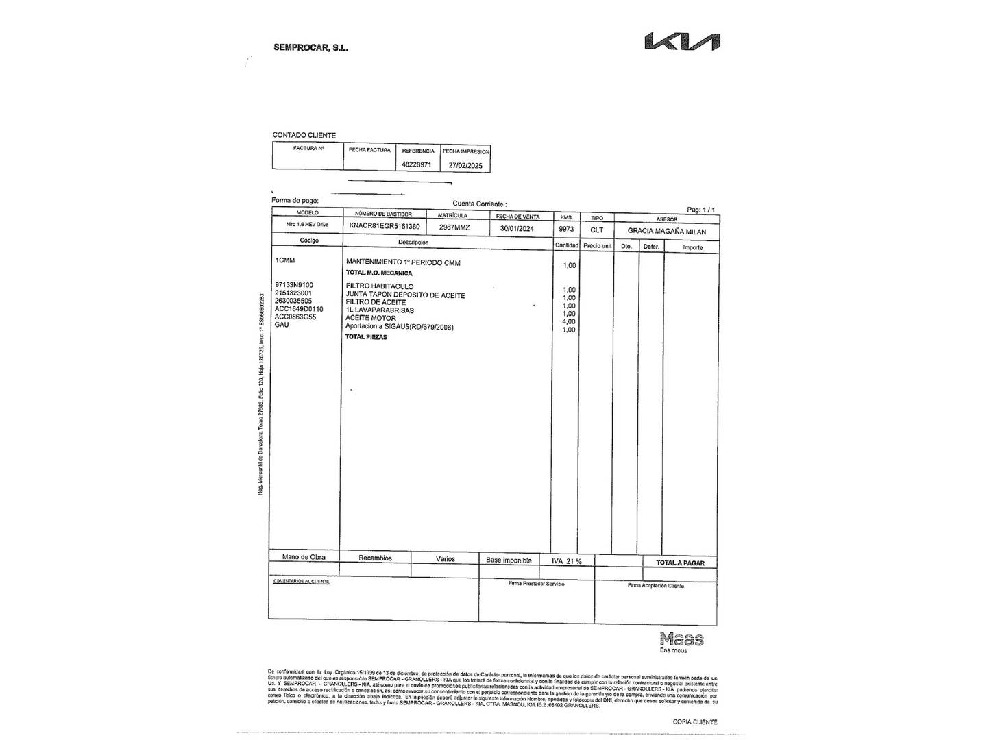 Foto del mantenimiento del KIA Niro KIA Niro 1.6 GDi HEV Híbrido Drive (141 CV)