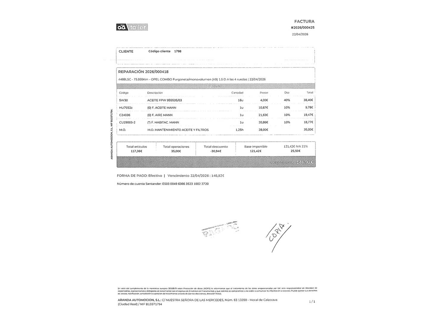 Foto del mantenimiento del Opel Combo Life Opel Combo Life 1.5 TD S&S Edition Plus L (131 CV)