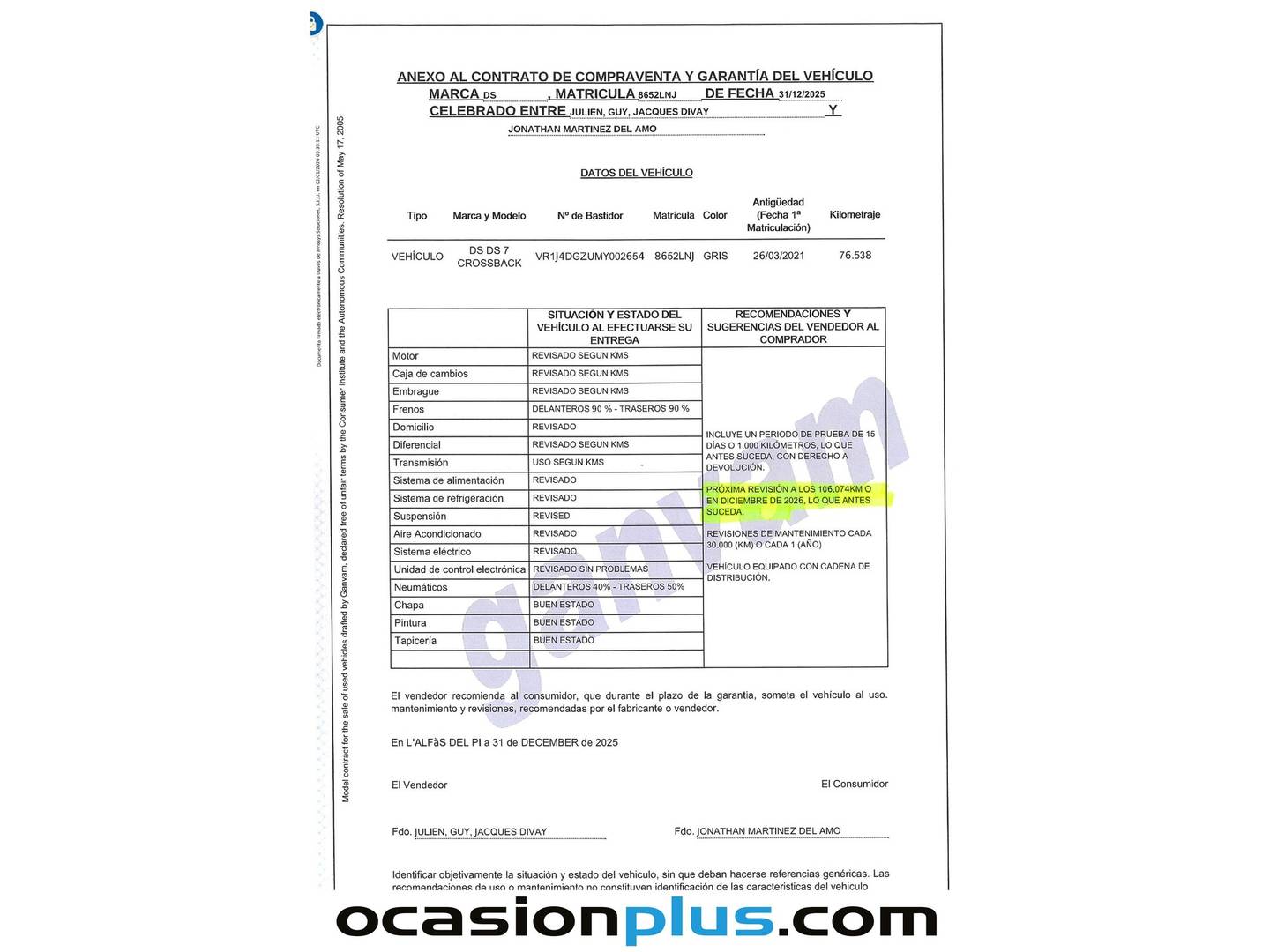 Foto del mantenimiento del DS DS 7 Crossback E-Tense DS DS7 Crossback E-Tense 225 Performance Line+ Auto  (225 CV)
