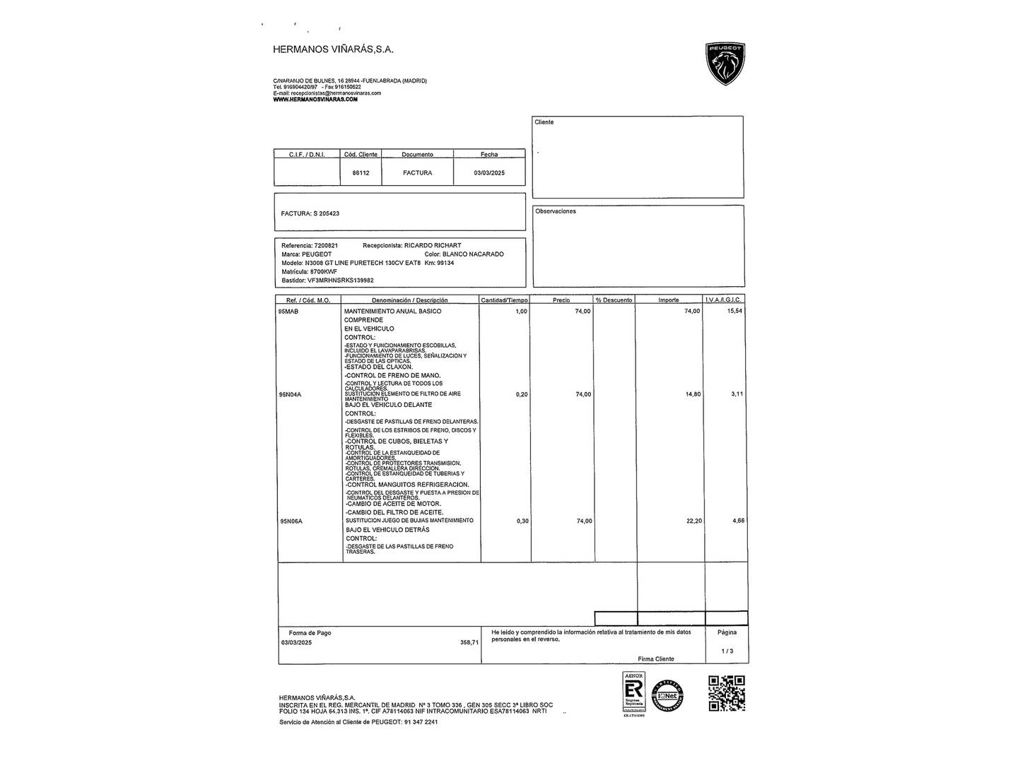 Foto del mantenimiento del Peugeot 3008 Peugeot 3008 PureTech 130 S&S GT Line EAT8 (130 CV)