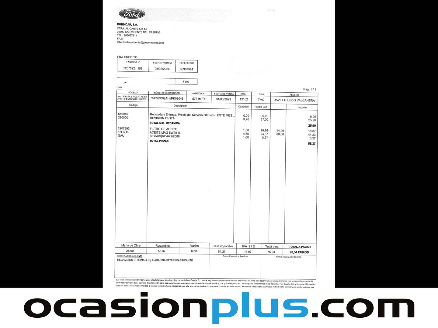 Foto del mantenimiento del Ford Fiesta Ford Fiesta 1.0 EcoBoost MHEV ST-Line (125 CV)