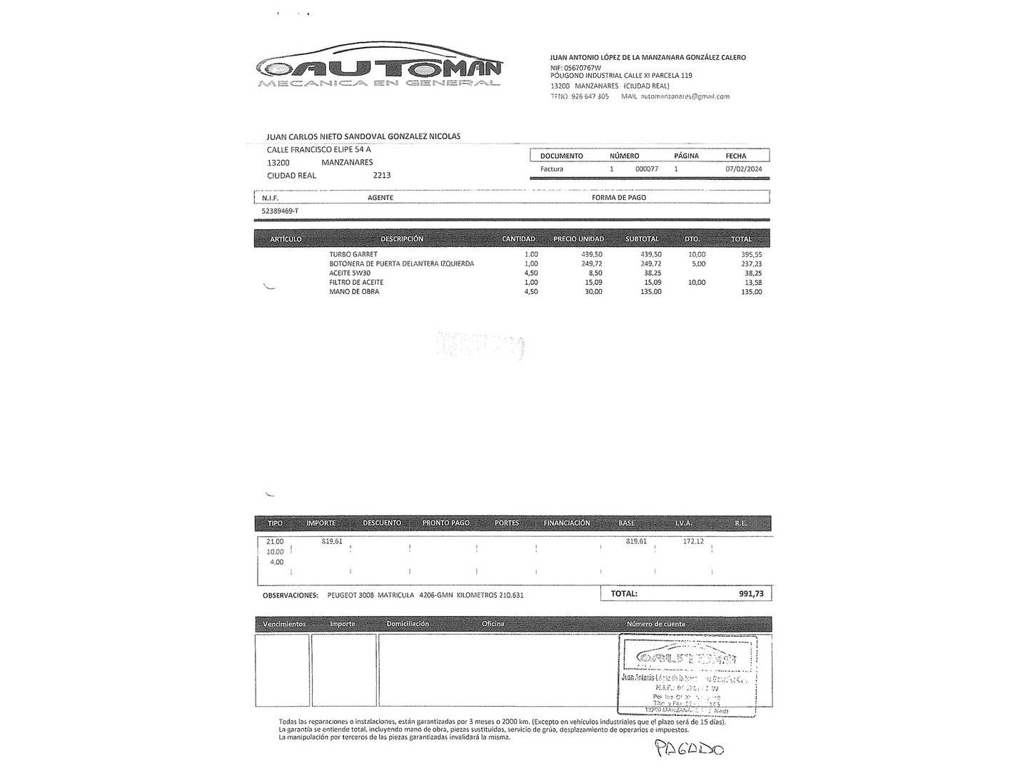 Foto del mantenimiento del Peugeot 3008 Peugeot 3008 1.6 HDI FAP Premium (110 CV)