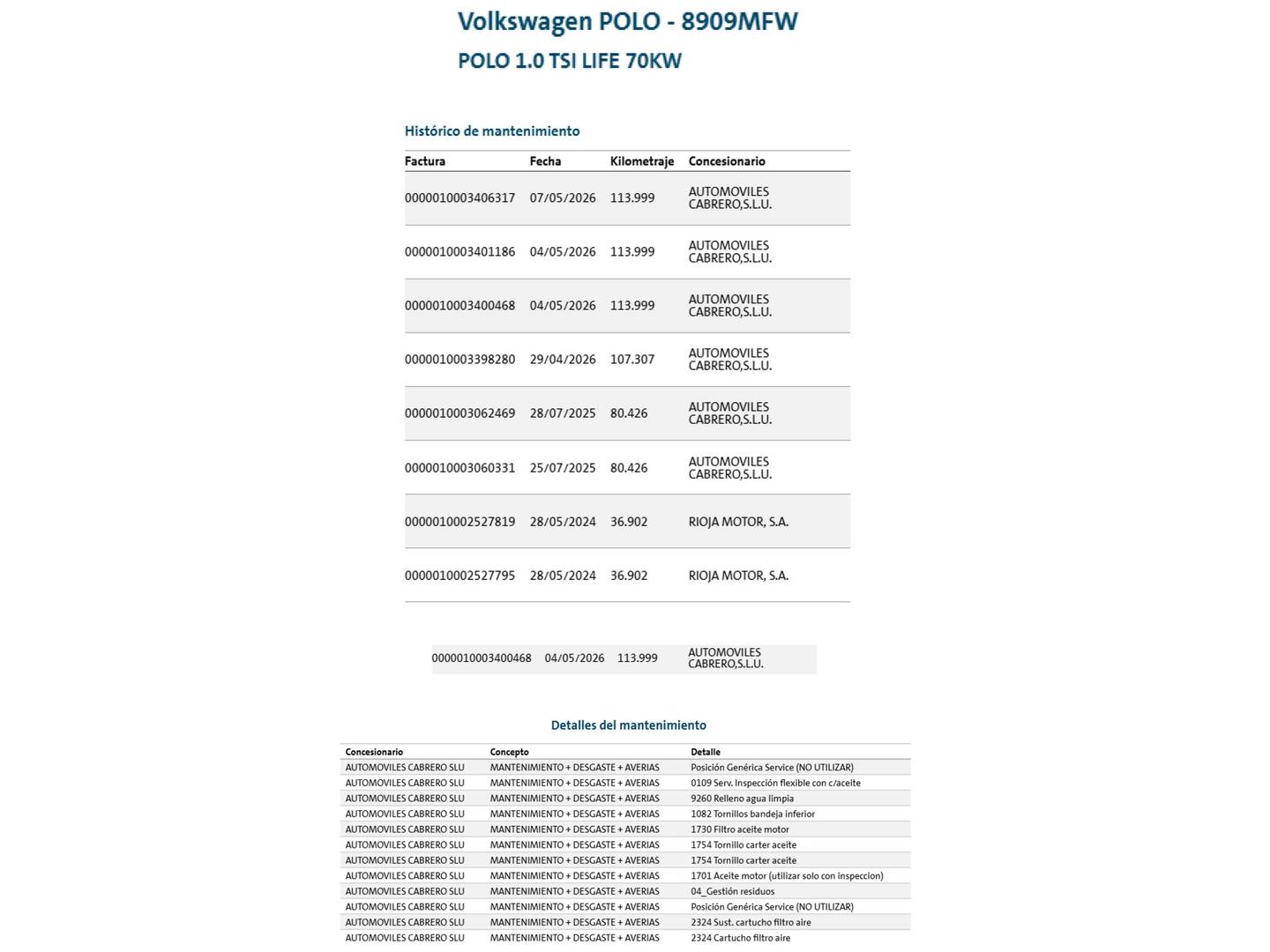 Foto del mantenimiento del Volkswagen Polo Volkswagen Polo Life 1.0 TSI (95 CV)