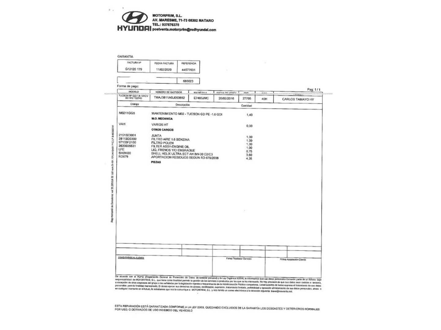 Foto del mantenimiento del Hyundai Tucson Hyundai Tucson 1.6 GDI BlueDrive Tecno 4x2  (131 CV)