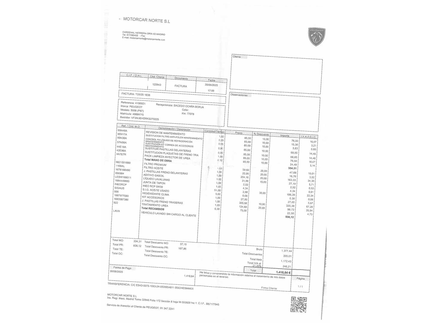 Foto del mantenimiento del Peugeot 5008 Peugeot 5008 BlueHDi 180 S&S GT EAT8 (180 CV) 7 Plazas