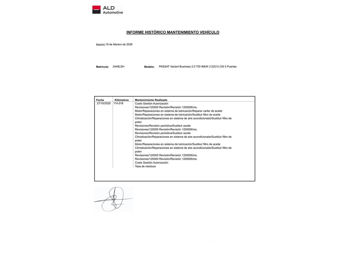 Foto del mantenimiento del Volkswagen Passat Volkswagen Passat Variant Variant Business 2.0 TDI 90 kW (122 CV) DSG