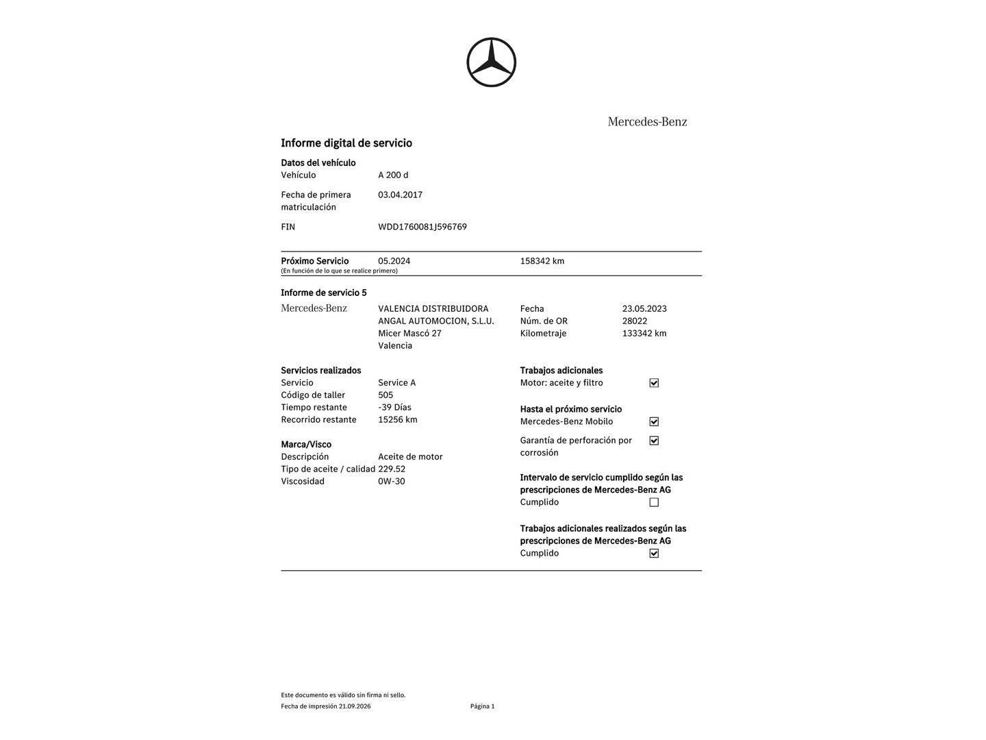 Foto del mantenimiento del Mercedes Clase A Mercedes Clase A 200 d (136 CV)