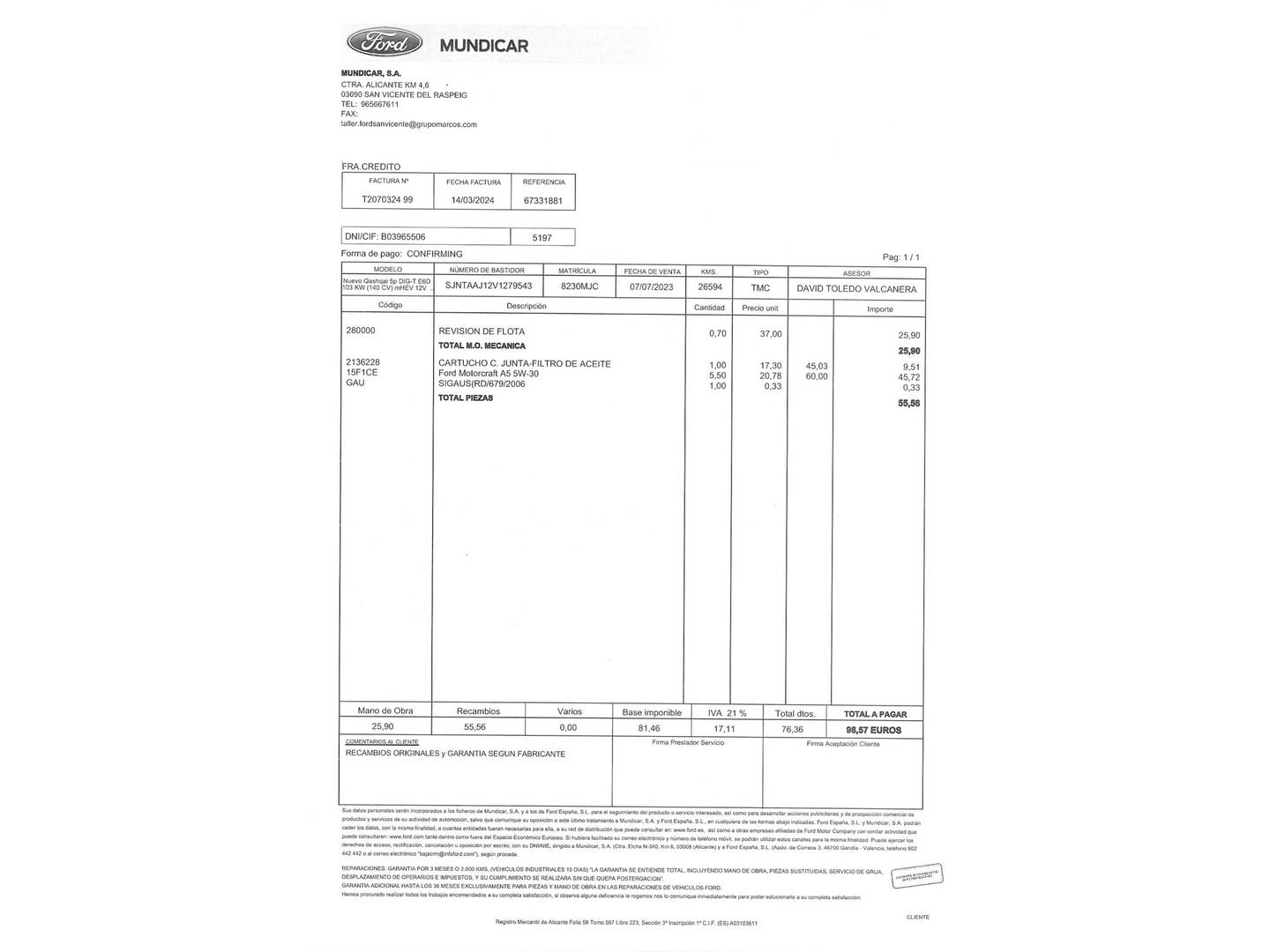 Foto del mantenimiento del Nissan QASHQAI Nissan Qashqai DIG-T 140 N-Connecta (140 CV)