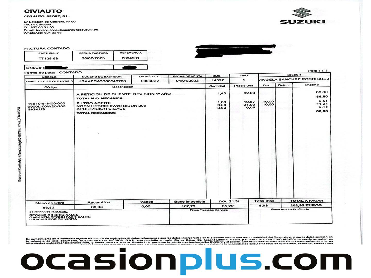 Foto del mantenimiento del Suzuki Swift Suzuki Swift 1.2 GLE Mild Hybrid (83 CV)