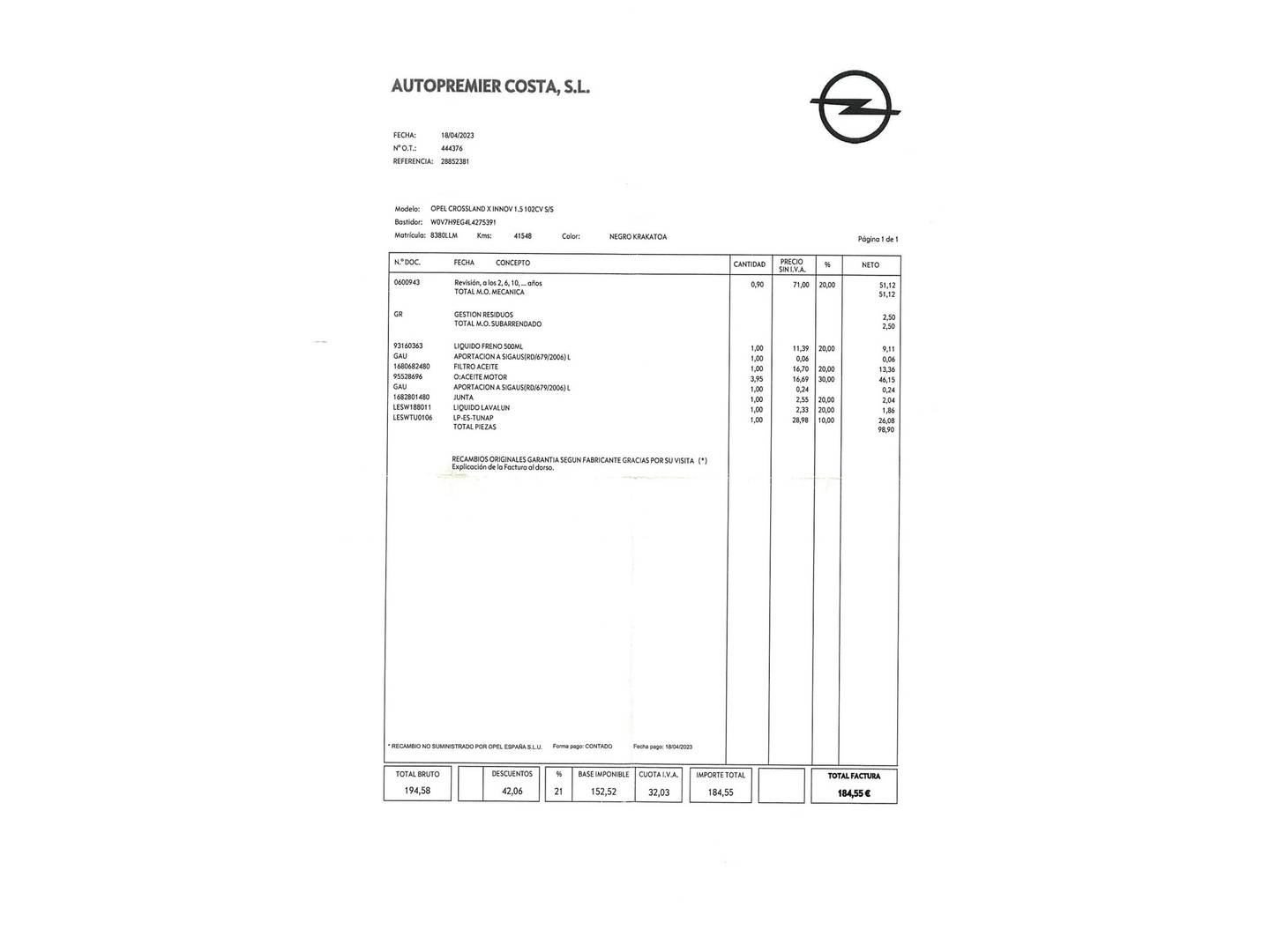 Foto del mantenimiento del Opel Crossland X Opel Crossland X 1.5D Innovation (102 CV)