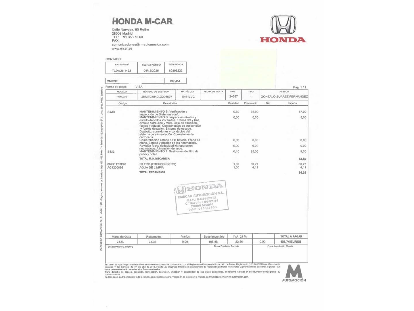 Foto del mantenimiento del Honda Honda e Honda Honda e Advance Llantas 17 (154 CV)