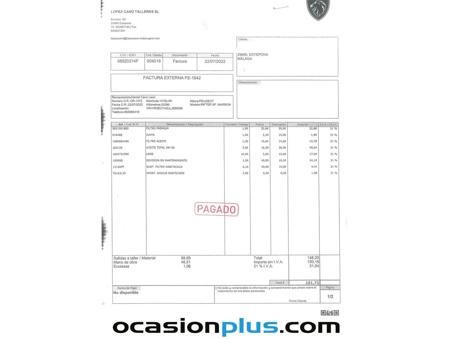 Foto del mantenimiento del Peugeot Rifter Peugeot Rifter BlueHDi 130 Allure Standard (130 CV)