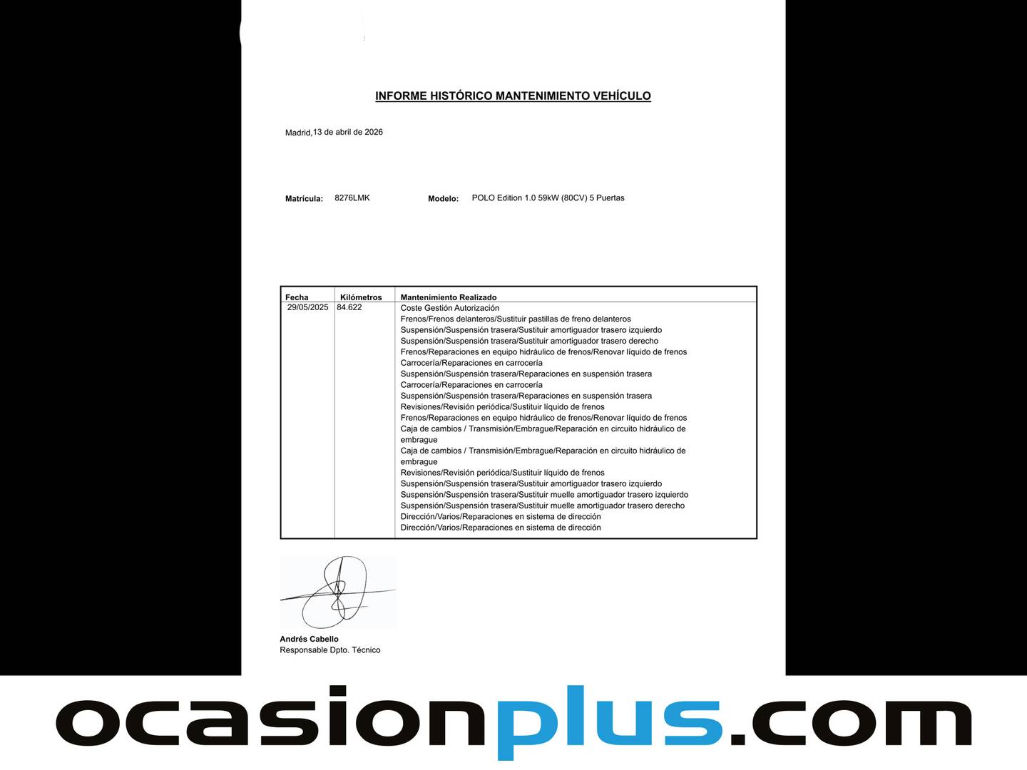 Foto del mantenimiento del Volkswagen Polo Volkswagen Polo Edition 1.0 (80 CV)