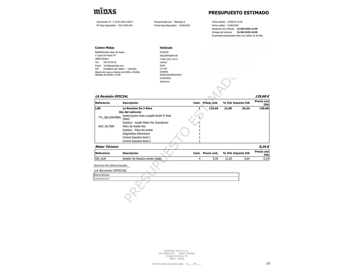 Foto del mantenimiento del Volkswagen T-Roc Volkswagen T-Roc Advance R-Line 1.0 TSI (110 CV)