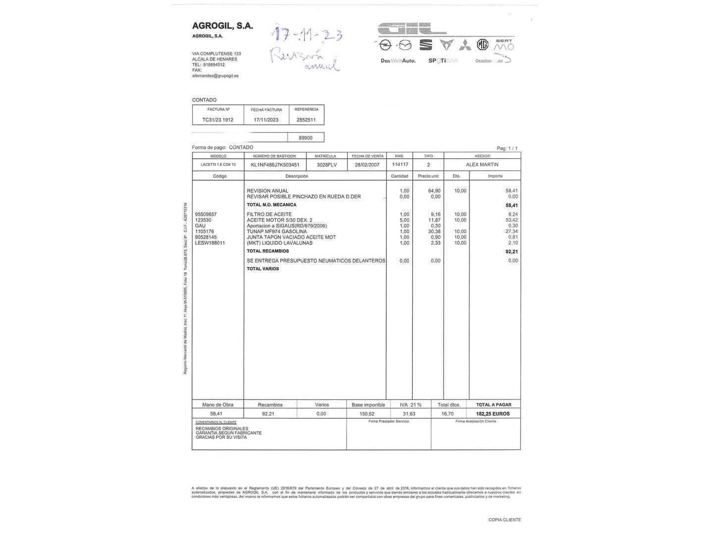 Foto del mantenimiento del Chevrolet Lacetti Chevrolet Lacetti 1.6 SX (109 CV)
