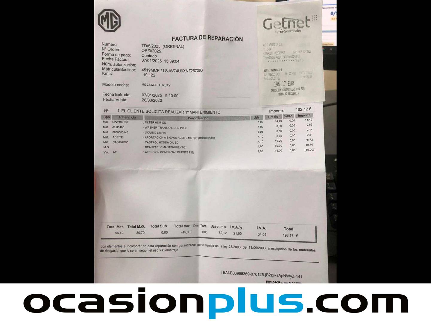 Foto del mantenimiento del MG ZS MG ZS 1.5 Luxury (106 CV)