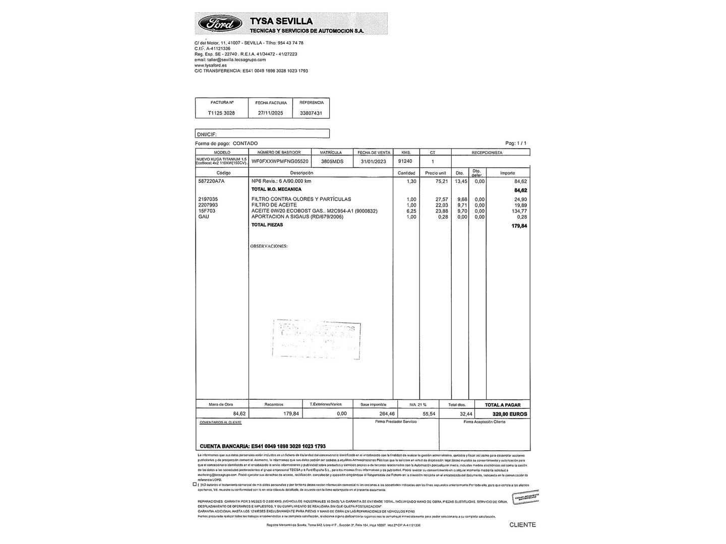 Foto del mantenimiento del Ford Kuga Ford Kuga 1.5 EcoBoost Titanium 4x2 (150 CV)