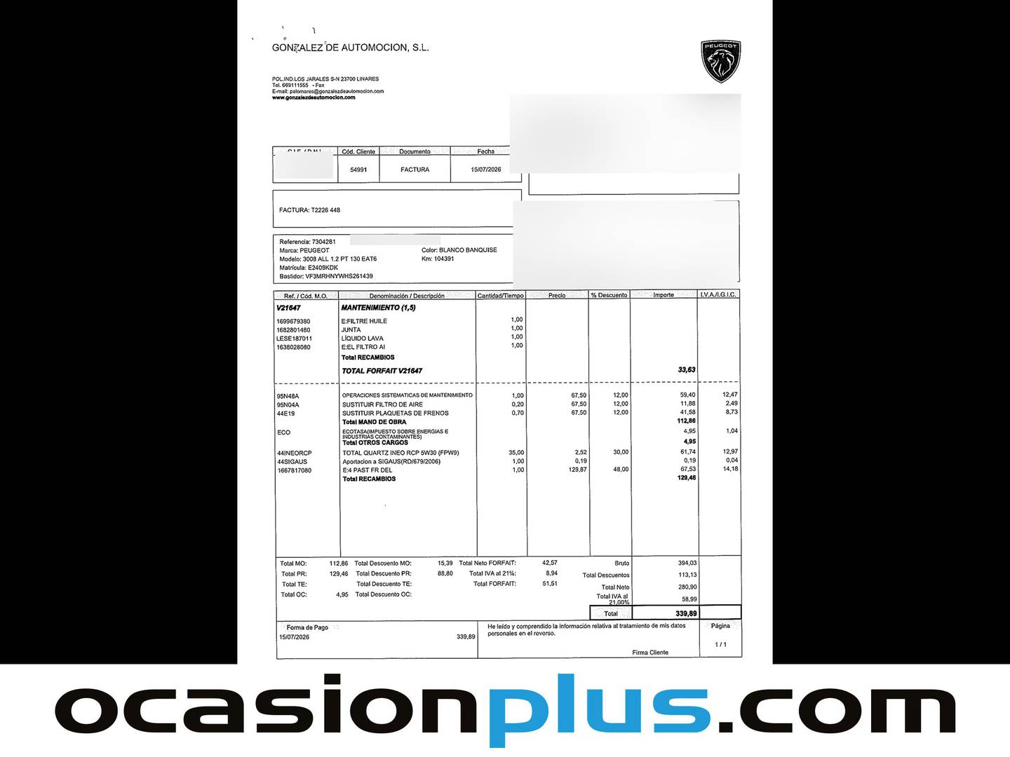 Foto del mantenimiento del Peugeot 3008 Peugeot 3008 PureTech 130 Allure EAT6 (130 CV)