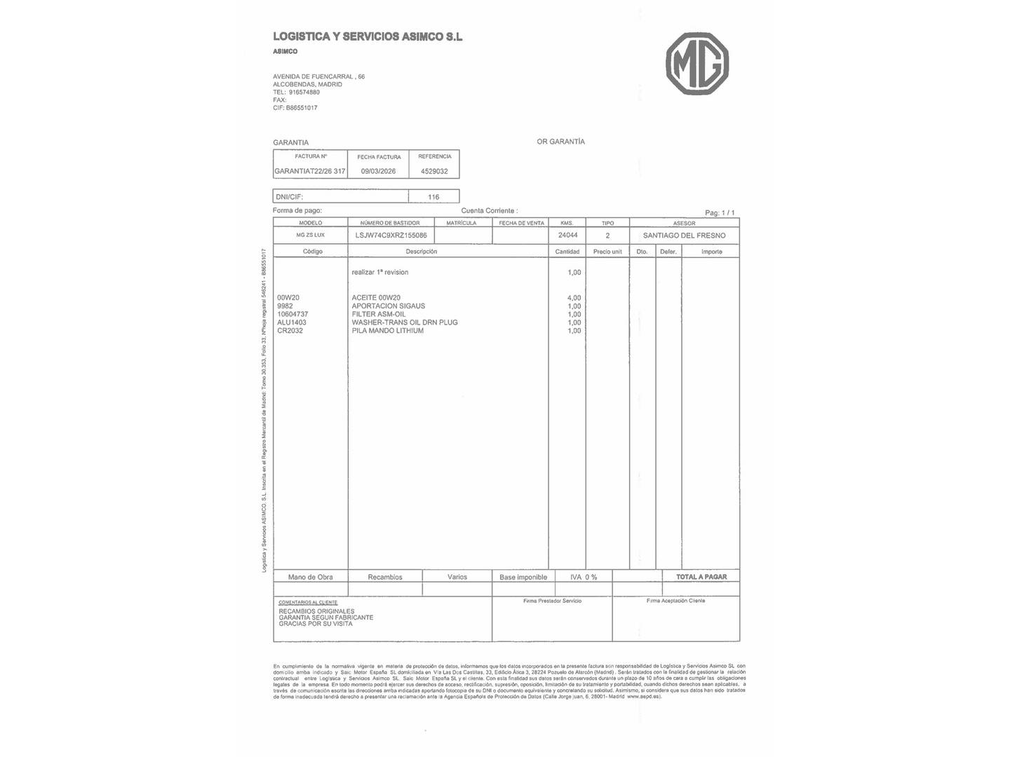 Foto del mantenimiento del MG ZS MG ZS 1.0T Luxury Auto (111 CV)