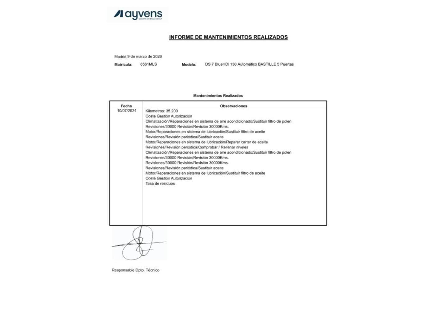 Foto del mantenimiento del DS DS 7 DS DS7 Crossback BlueHDi 130 Bastille Auto (130 CV)