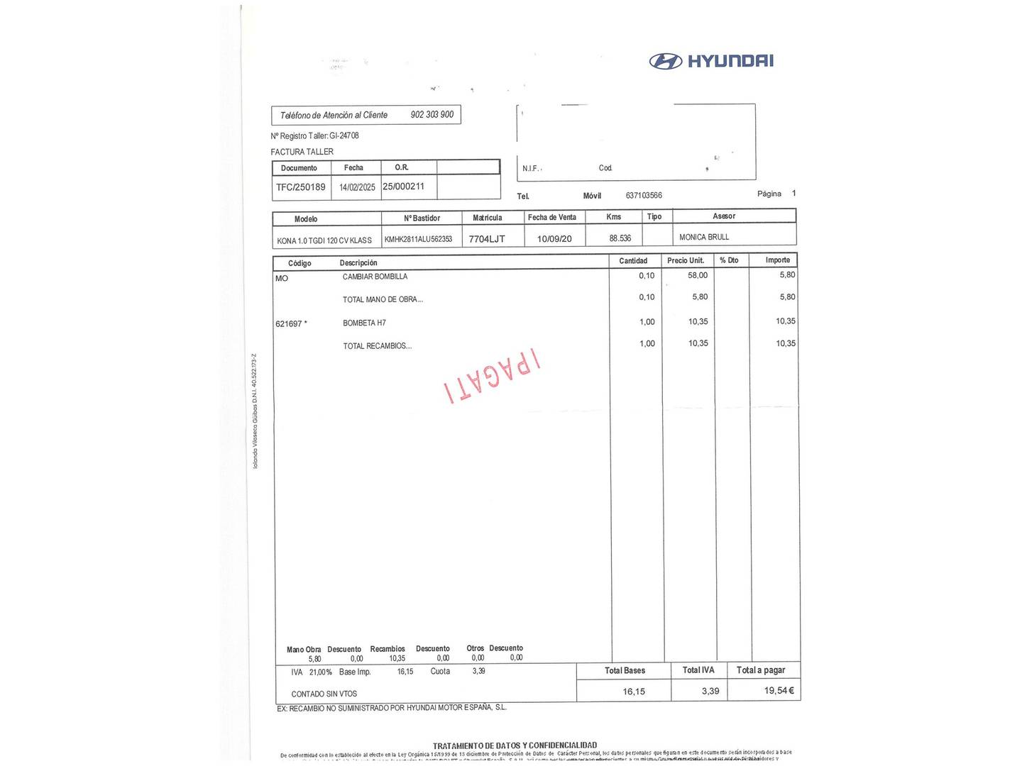 Foto del mantenimiento del Hyundai Kona Hyundai Kona 1.0 TGDI Klass 4x2 (120 CV)