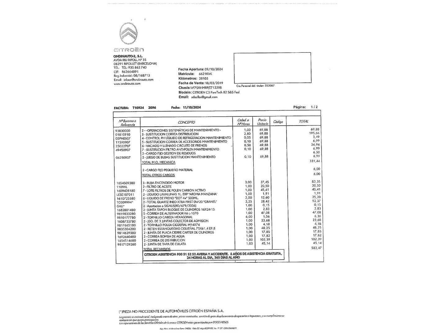 Foto del mantenimiento del Citroën C3 Citroën C3 PureTech 82 Feel (83 CV)