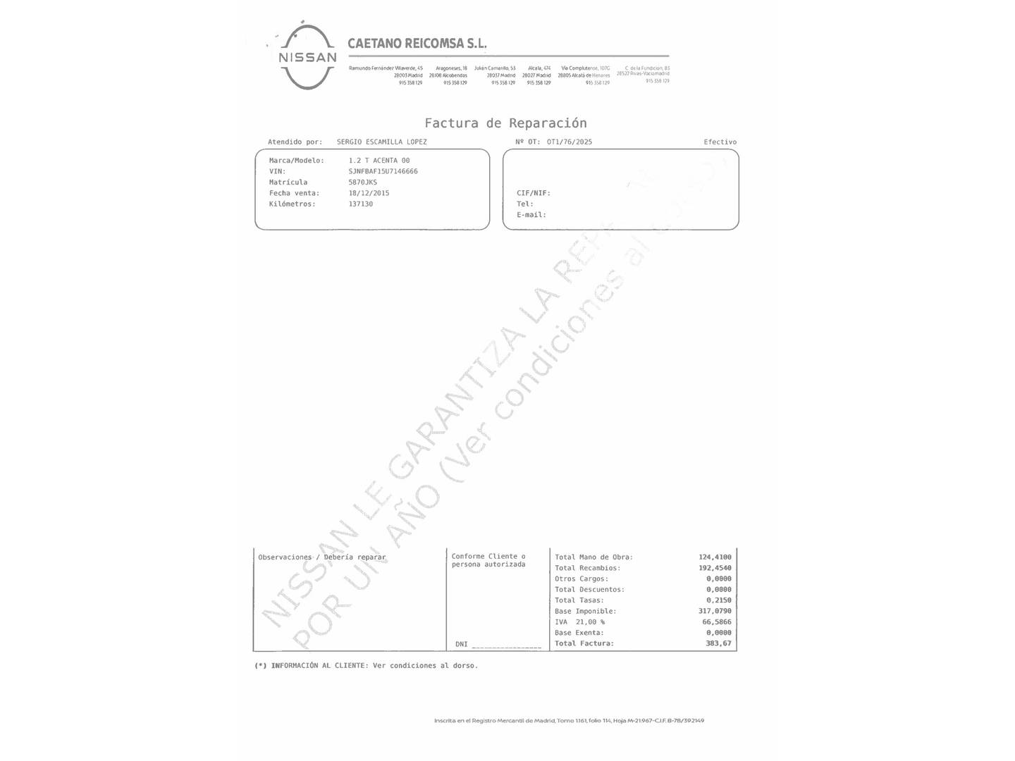Foto del mantenimiento del Nissan JUKE Nissan Juke 1.6 N-Connecta 4x2 XTronic (117 CV)