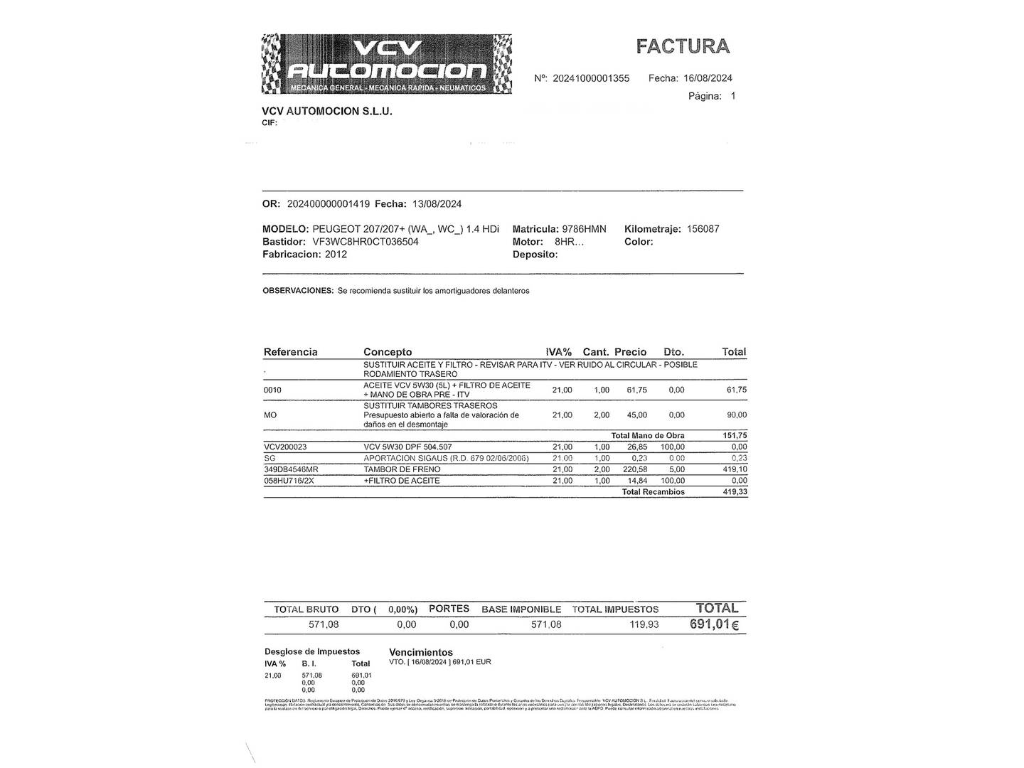 Foto del mantenimiento del Peugeot 207 Peugeot 207 1.4 HDI Active FAP (70 CV)
