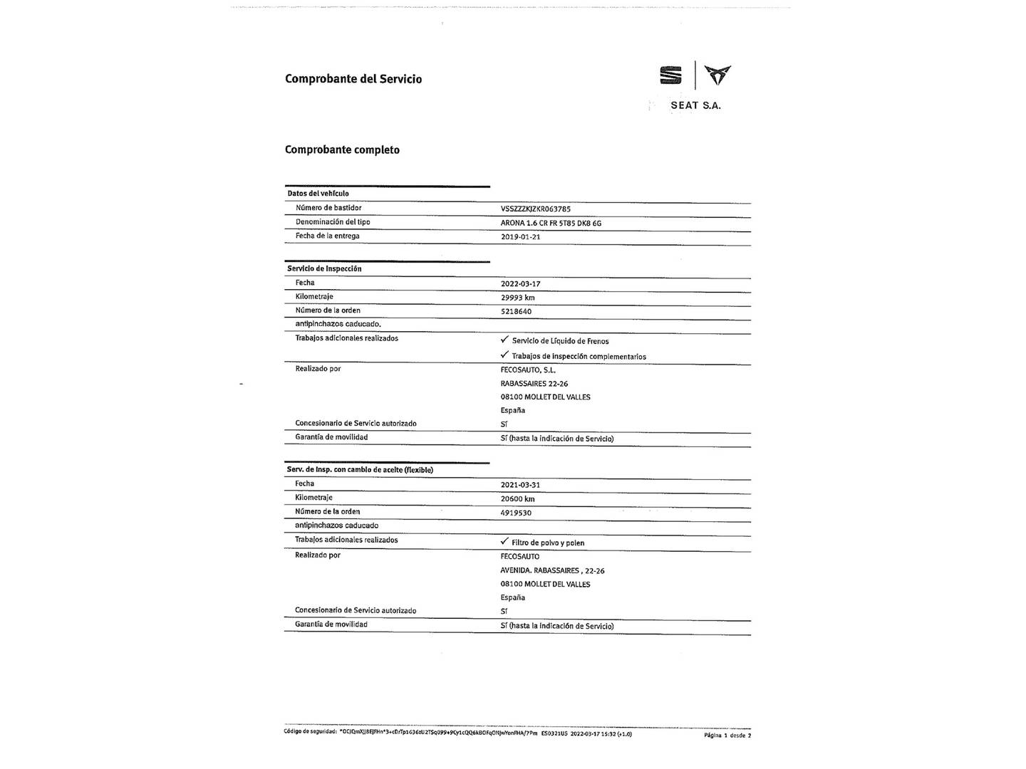 Foto del mantenimiento del Seat Arona Seat Arona 1.6 TDI Ecomotive FR (115 CV)