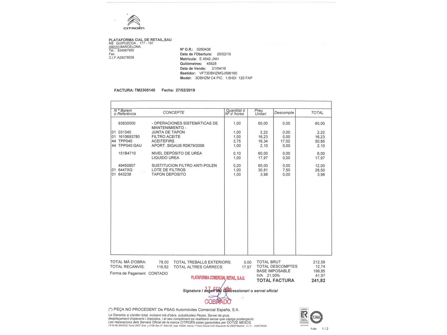Foto del mantenimiento del Citroën C4 Picasso Citroën C4 Picasso BlueHDi 120 Feel (120 CV)