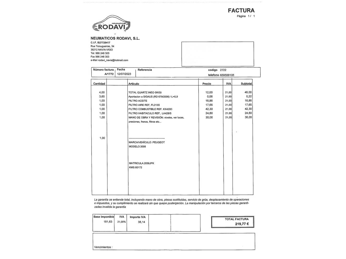 Foto del mantenimiento del Peugeot 3008 Peugeot 3008 1.6 BlueHDI FAP Style (120 CV)