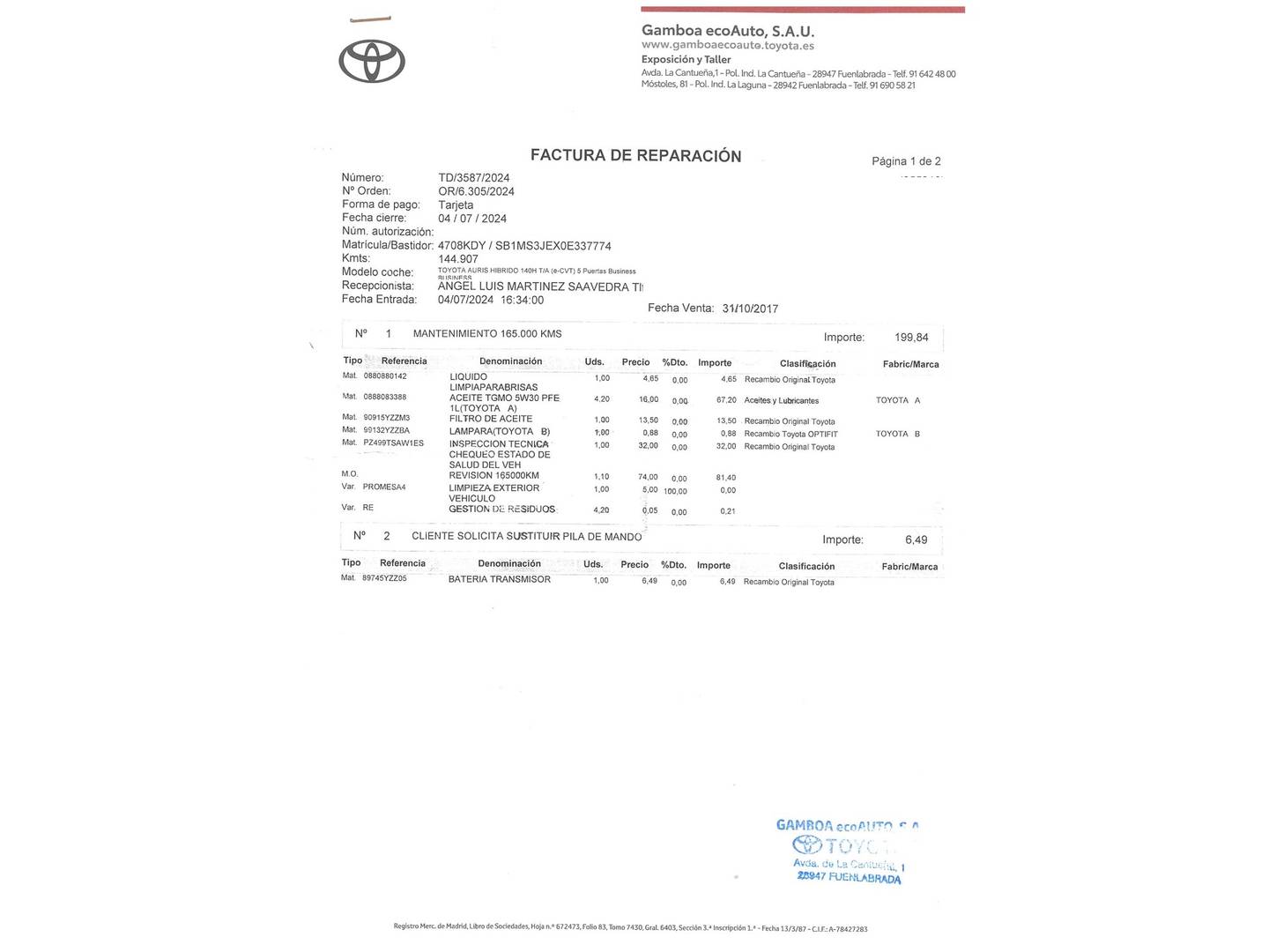 Foto del mantenimiento del Toyota Auris Toyota Auris 1.8 Hybrid Active (136 CV)