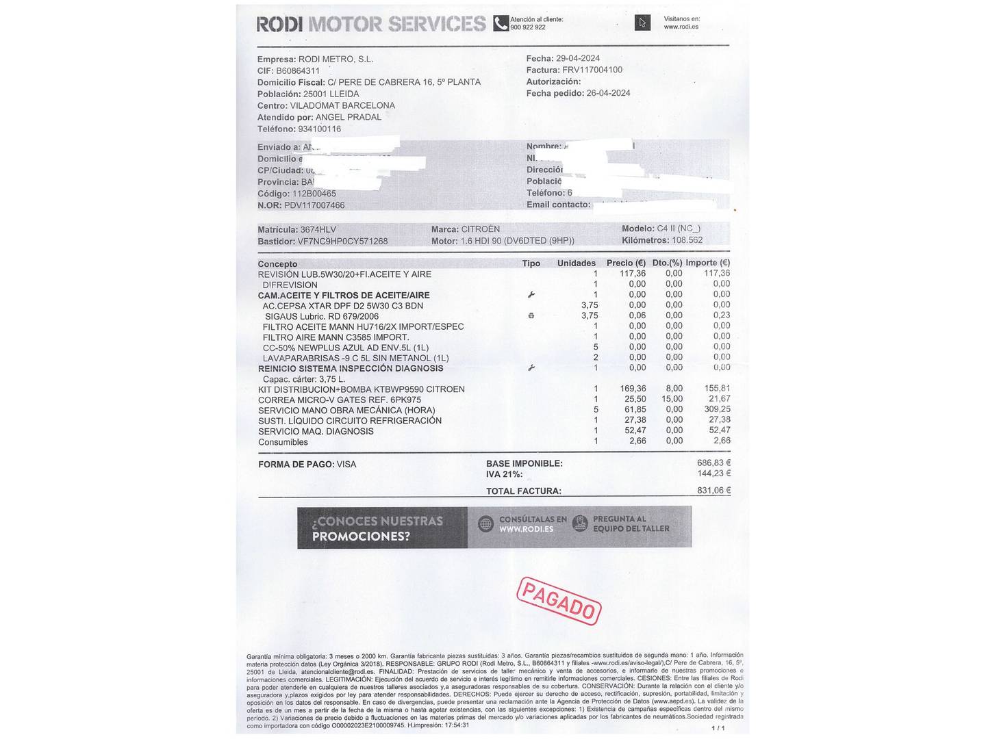 Foto del mantenimiento del Citroën C4 Citroën C4 1.6 HDI Tonic  (92 CV)