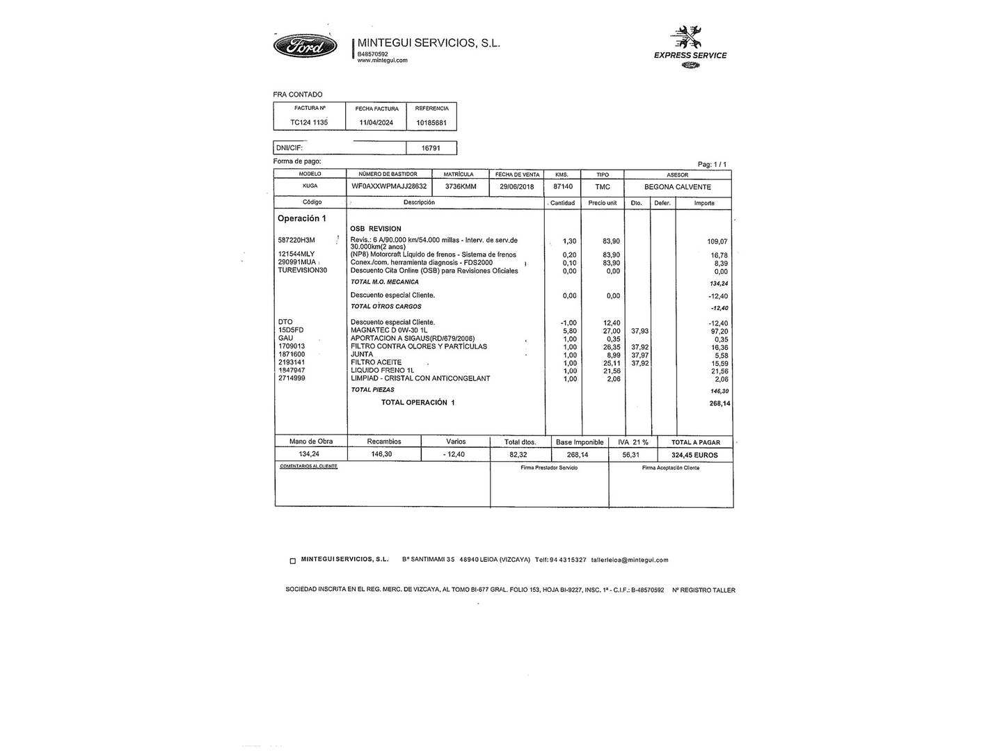 Foto del mantenimiento del Ford Kuga Ford Kuga 2.0 TDCi S&S ST-Line 4x4 Powershift (180 CV)