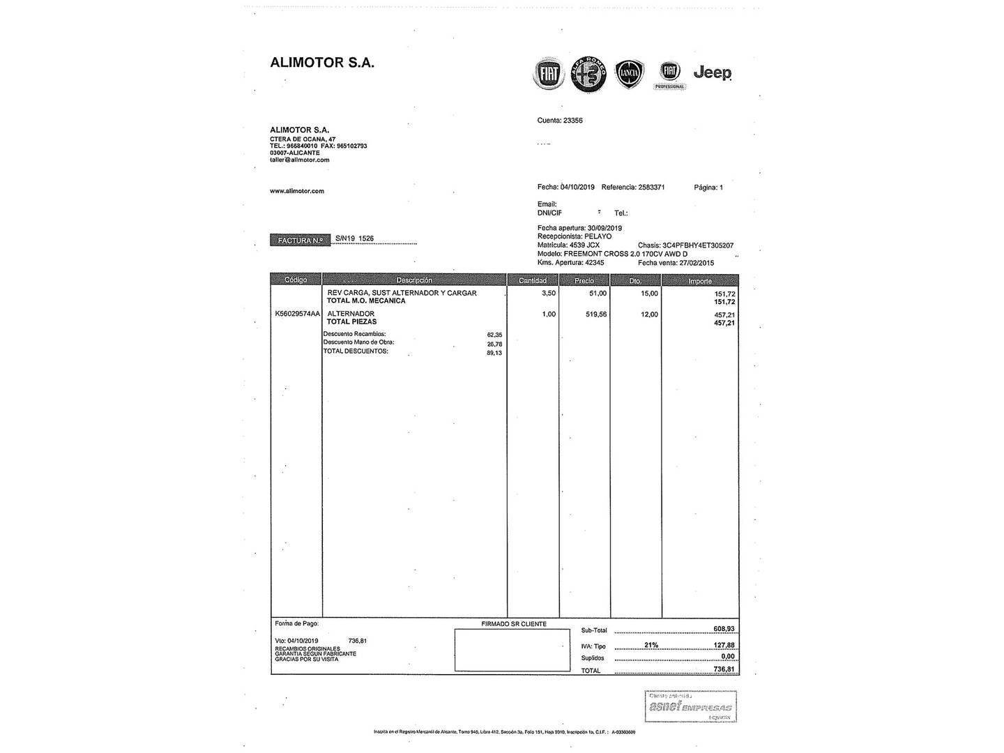 Foto del mantenimiento del Fiat Freemont Fiat Freemont 2.0 16v Diesel Cross AWD Auto (170 CV) 7 Plazas