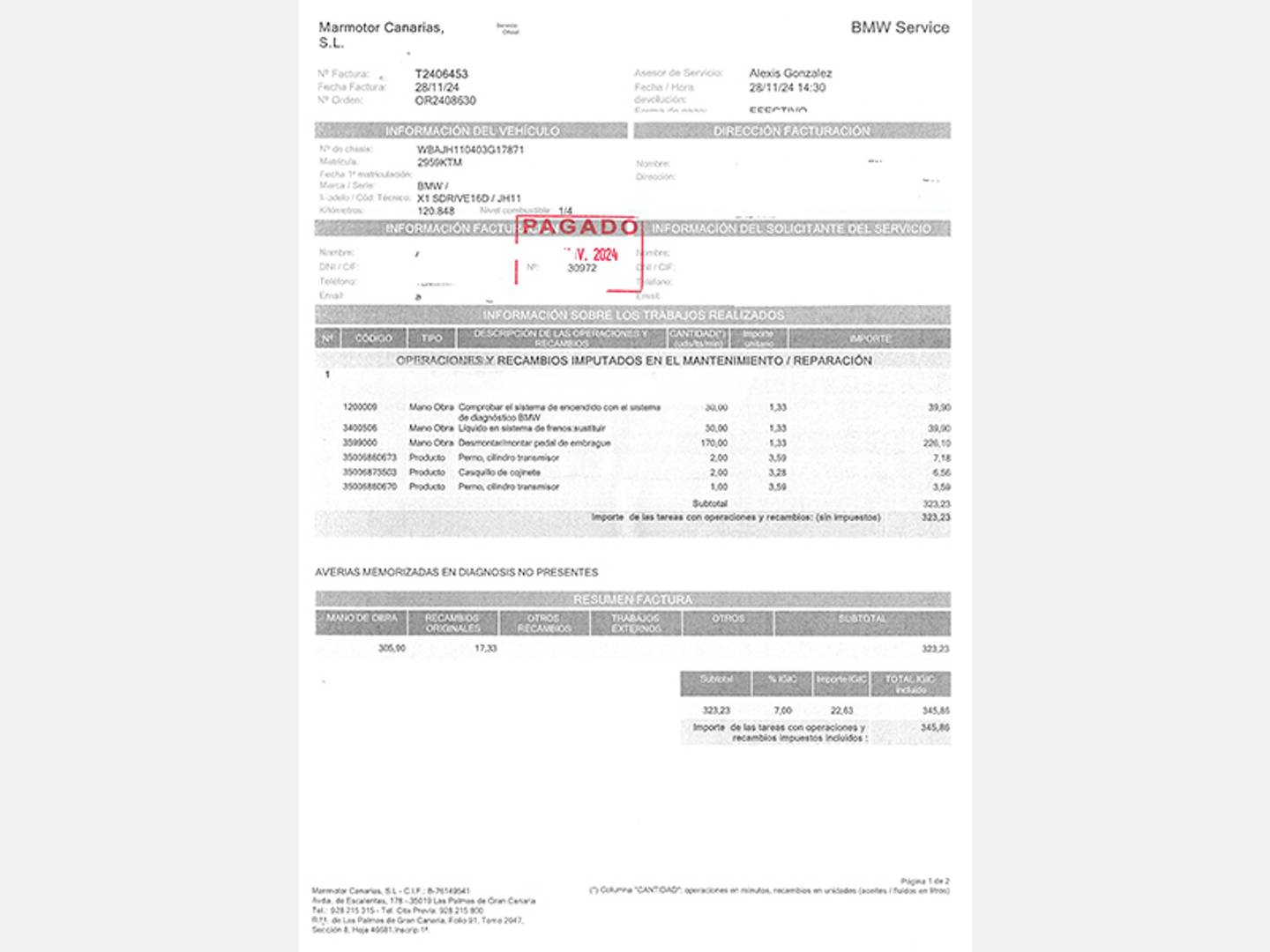 Foto del mantenimiento del BMW X1 BMW X1 sDrive16d  (116 CV)
