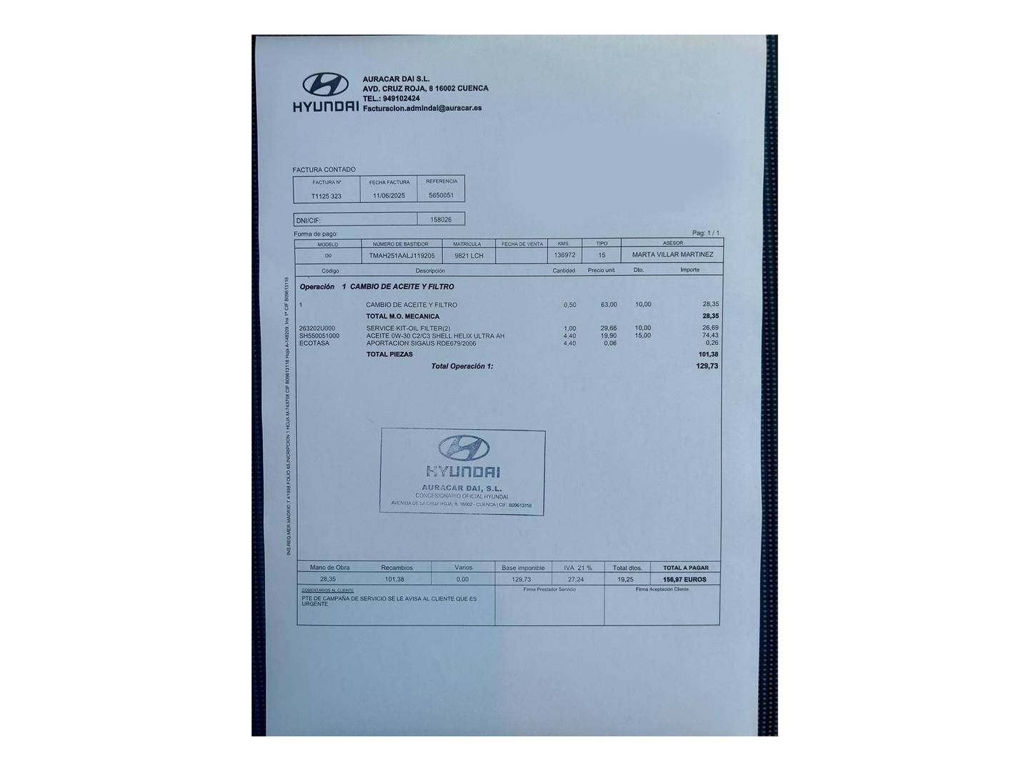 Foto del mantenimiento del Hyundai i30 Hyundai i30 1.6 CRDi Klass (116 CV)