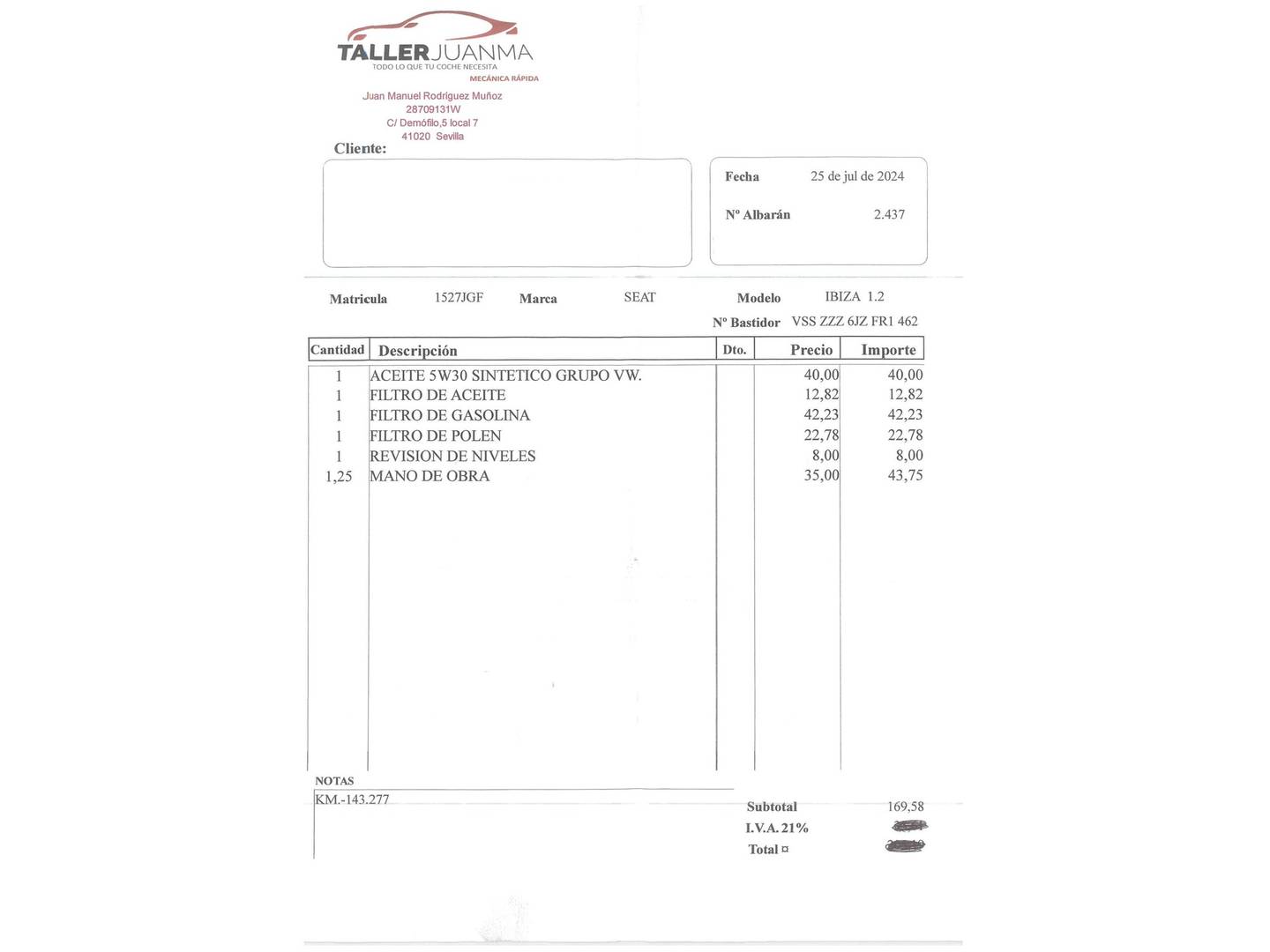 Foto del mantenimiento del Seat Ibiza Seat Ibiza SC 1.2 12v Reference (70 CV)