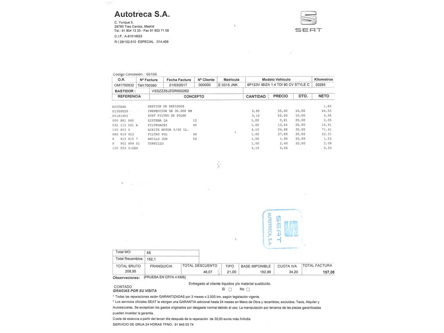 Foto del mantenimiento del Seat Ibiza Seat Ibiza 1.4 TDI Style Connect (90 CV)
