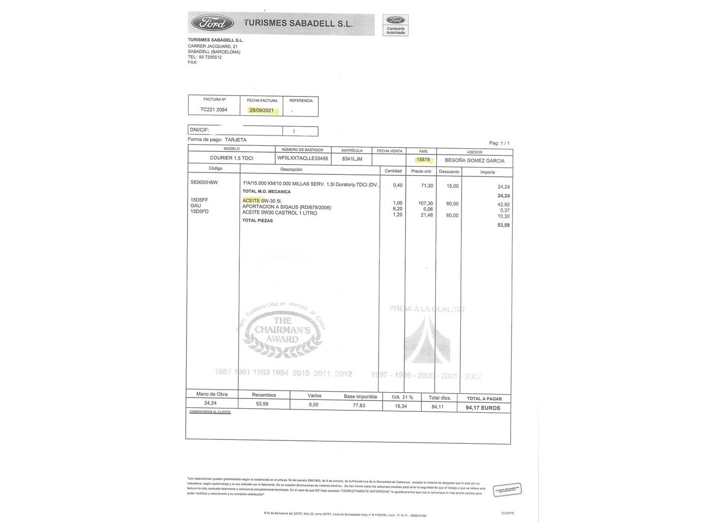 Foto del mantenimiento del Ford Tourneo Courier Ford Tourneo Courier 1.5 TDCi Sport (100 CV)