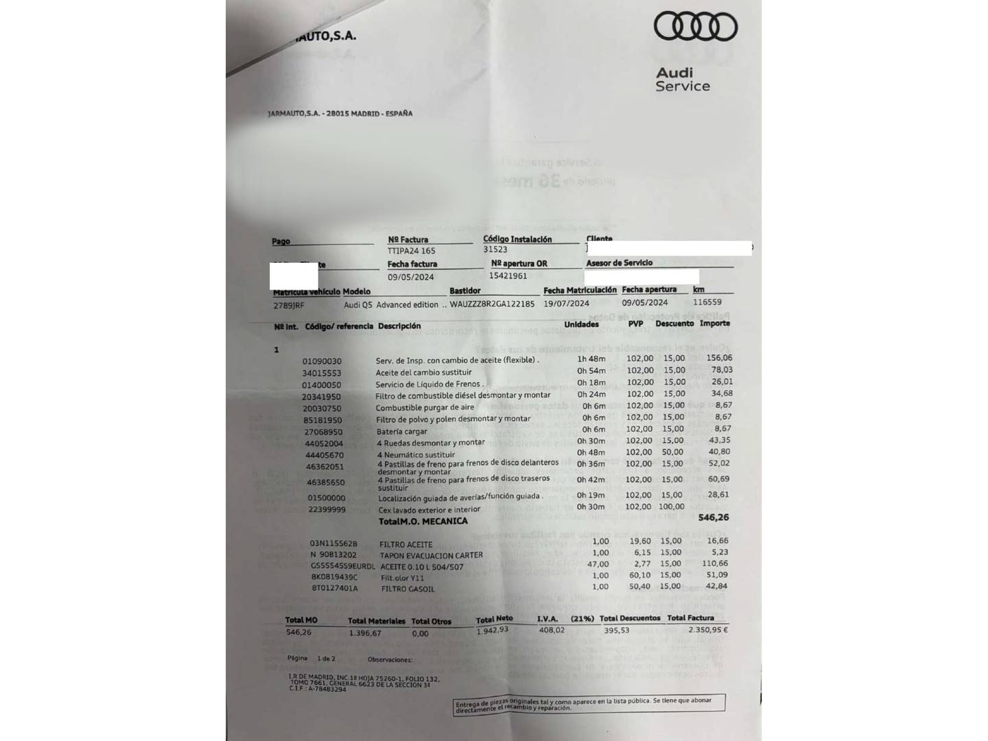 Foto del mantenimiento del Audi Q5 Audi Q5 Advanced edition 2.0 TDI clean diesel quattro (190 CV) S tronic