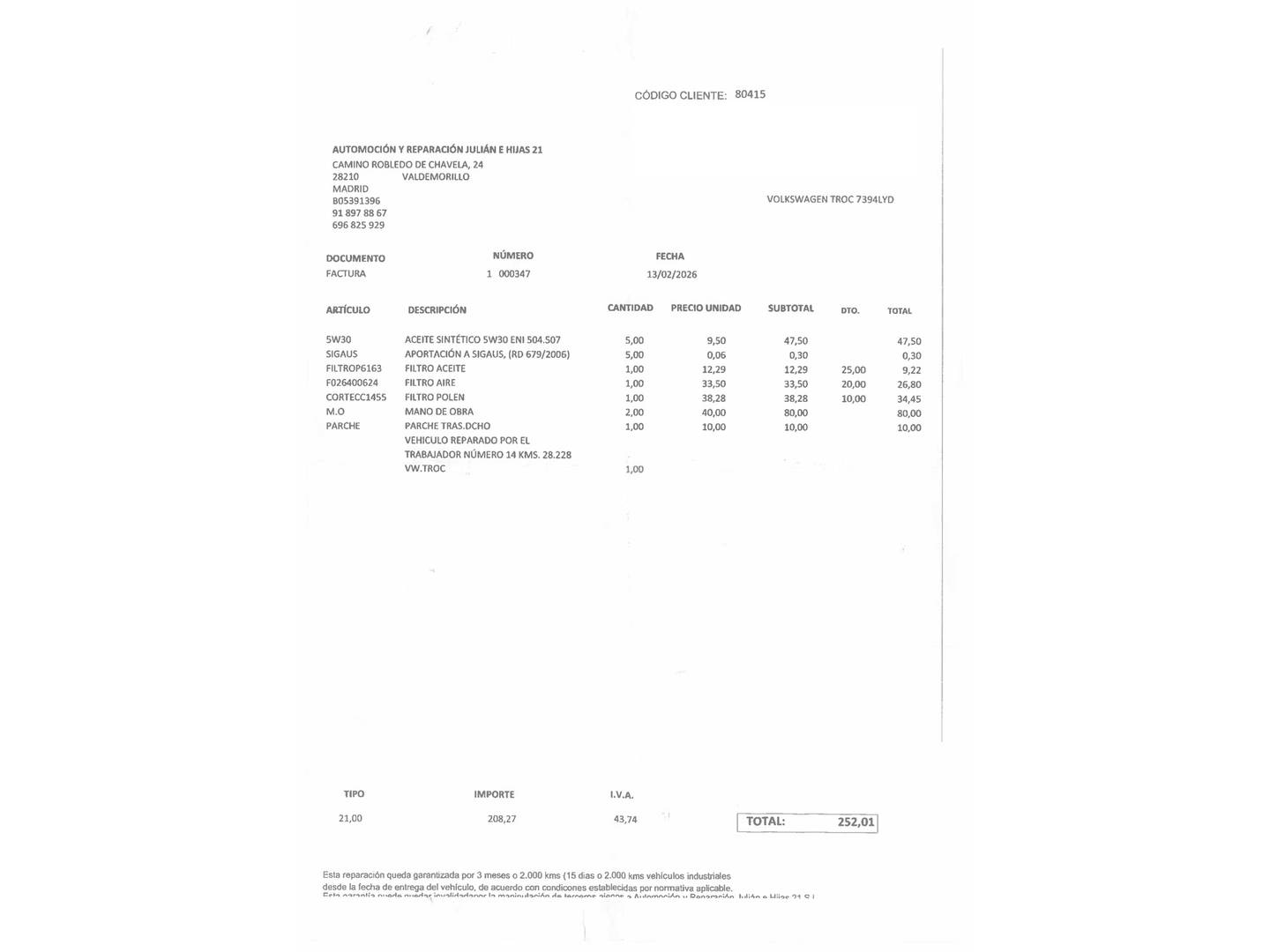 Foto del mantenimiento del Volkswagen T-Roc Volkswagen T-Roc Advance R-Line 1.0 TSI (110 CV)