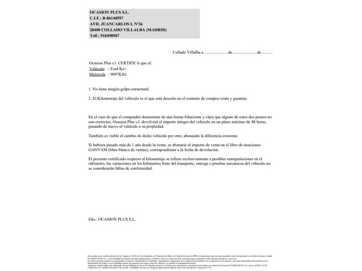 Foto del certificado del Ford Ka+ Ford Ka+ 1.2 Ti-VCT Black&White Edition (85 CV)