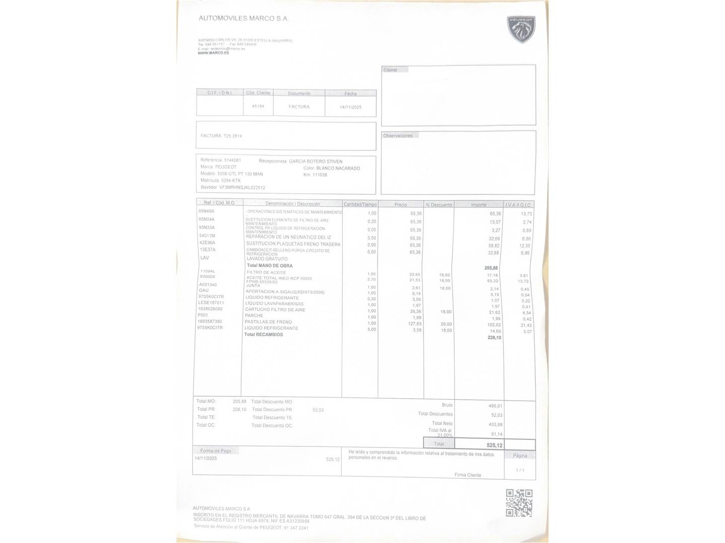 Foto del mantenimiento del Peugeot 5008 Peugeot 5008 PureTech 130 GT Line (130 CV)