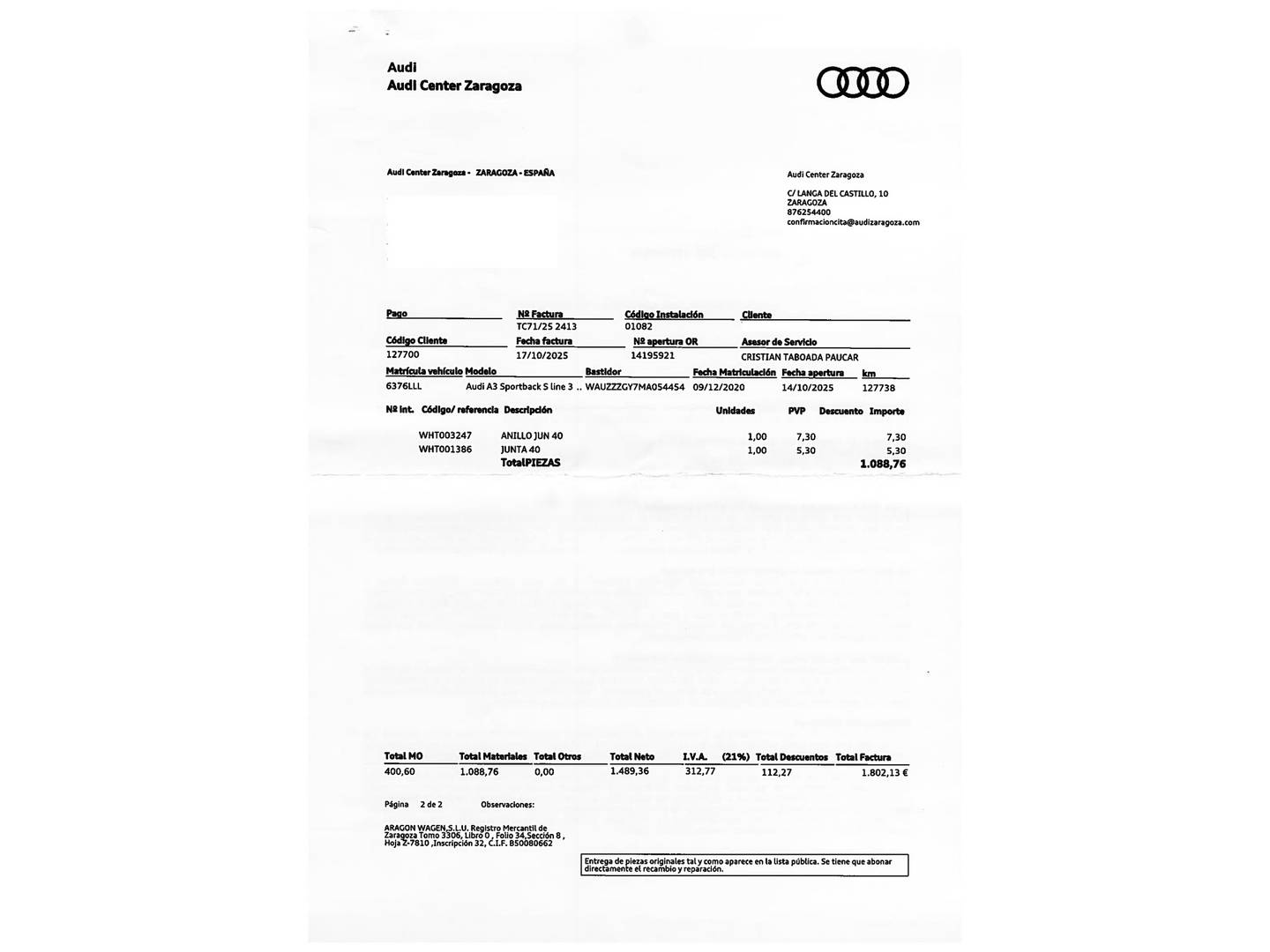 Foto del mantenimiento del Audi A3 Audi A3 Sportback Genuine edition 35 TFSI (150 CV) Pack S-Line