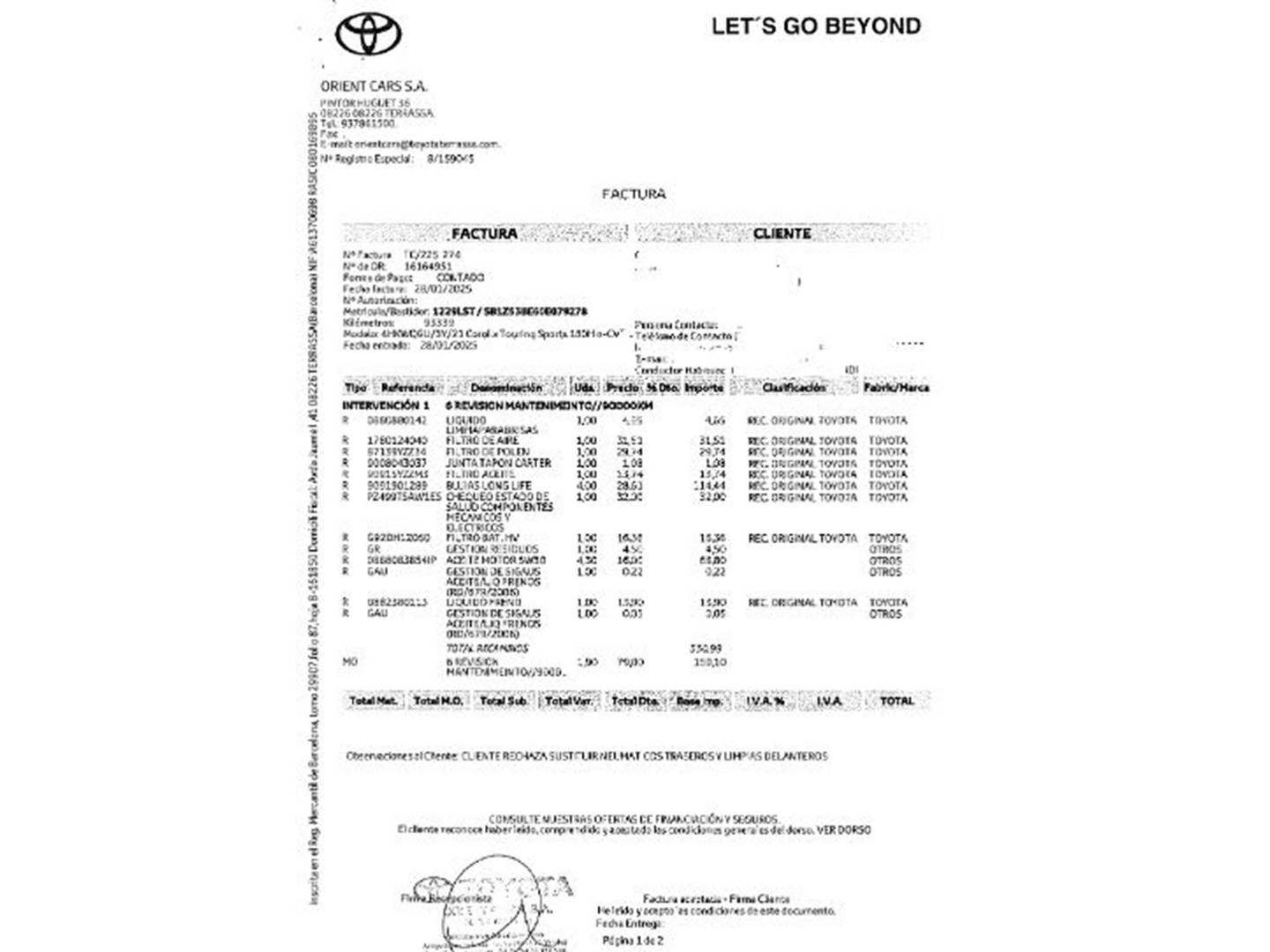 Foto del mantenimiento del Toyota Corolla Toyota Corolla 180H Style E-CVT (180 CV)